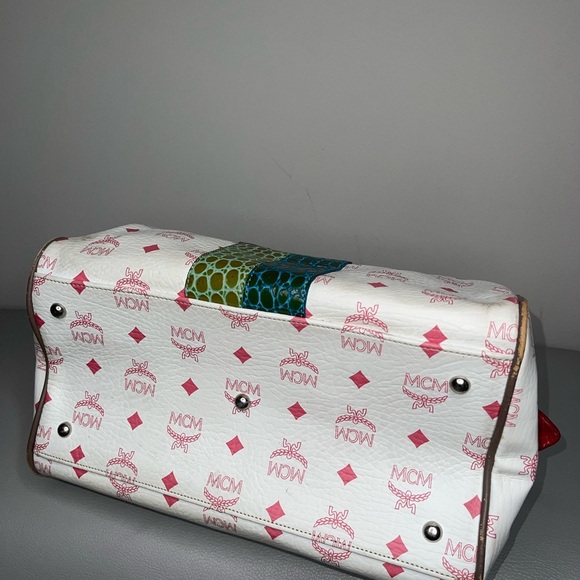 MCM Visetos Striped Munich Lion Boston Satchel White - Picture 11 of 16